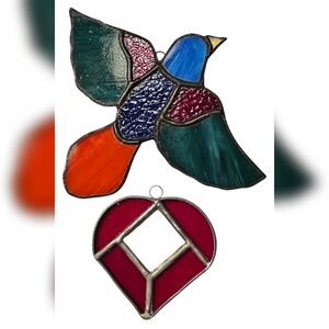Colorful Stained Glass Bird and Heart Suncatcher Decor
